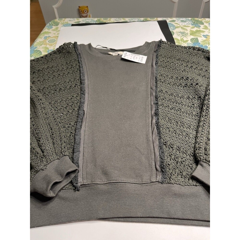 Rocks and Indigo Olive Green Sweater Sweatshirt Open Knit Crochet Sleeves XS